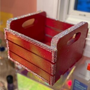 Red w/metallic gold splash Rhinestone Decorated Storage Crate